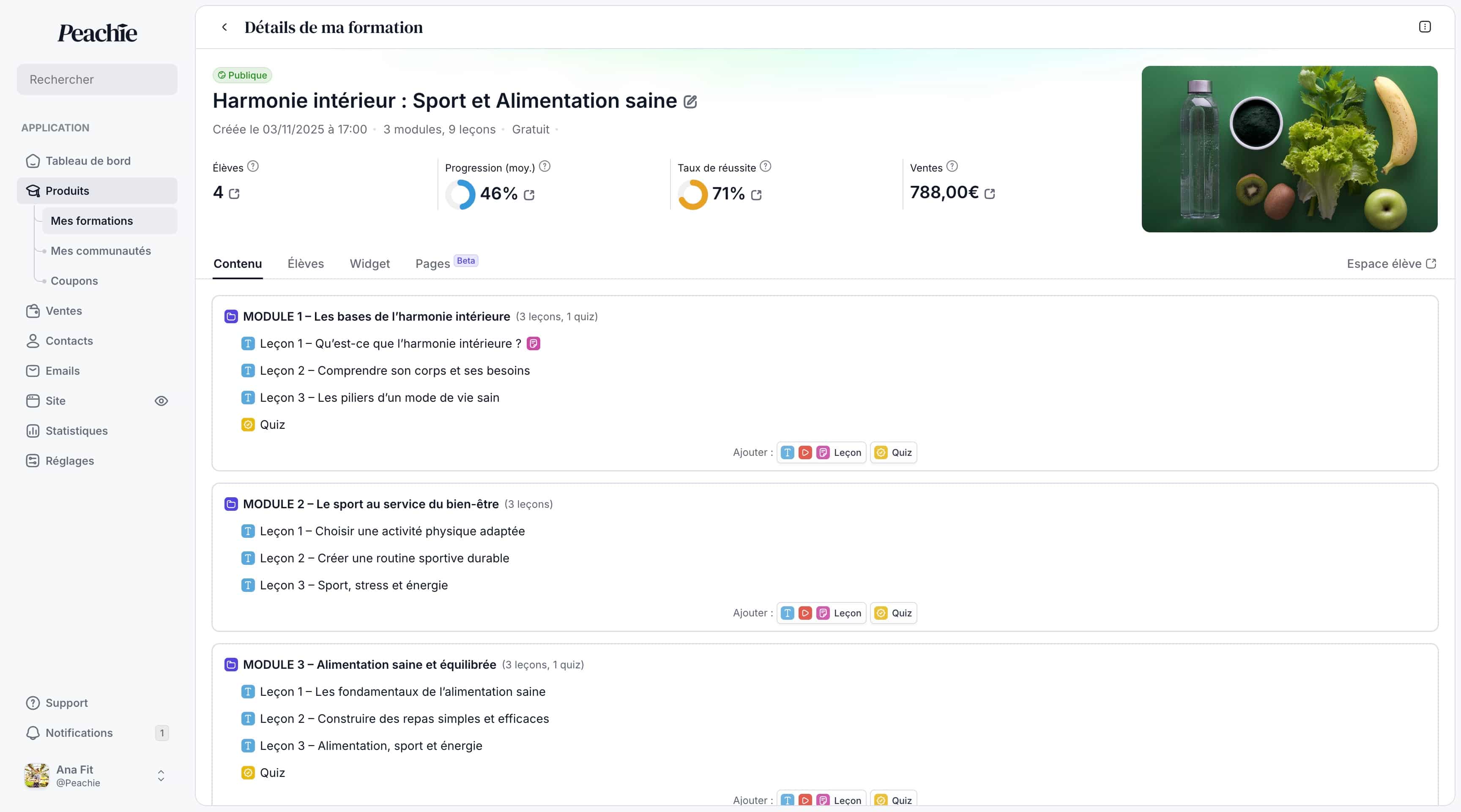 Produit formation en ligne sur Peachie io avec modules et leçons