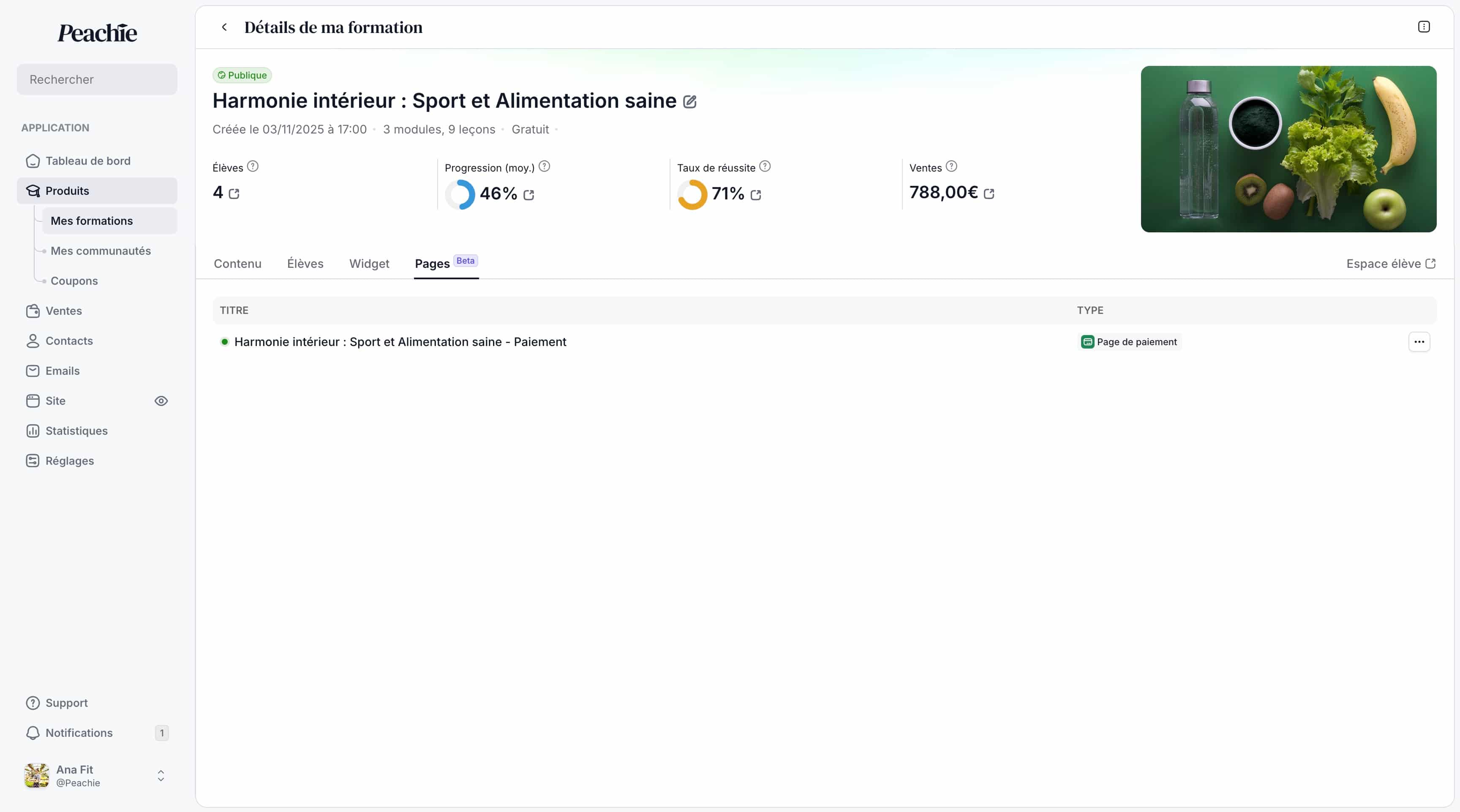 Page de paiement d'une formation en ligne sur Peachie io