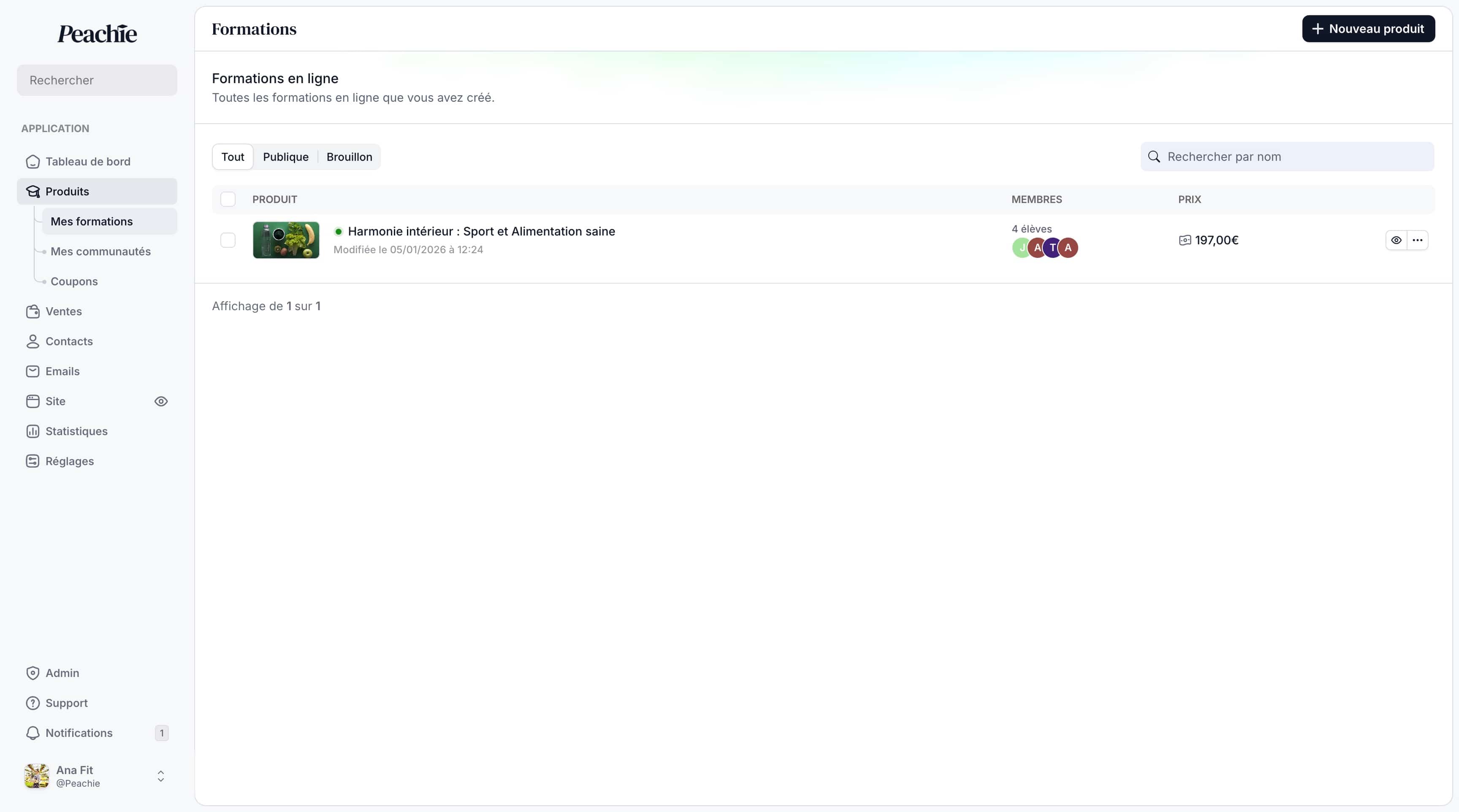 Espace produit avec une formation sur Peachie io