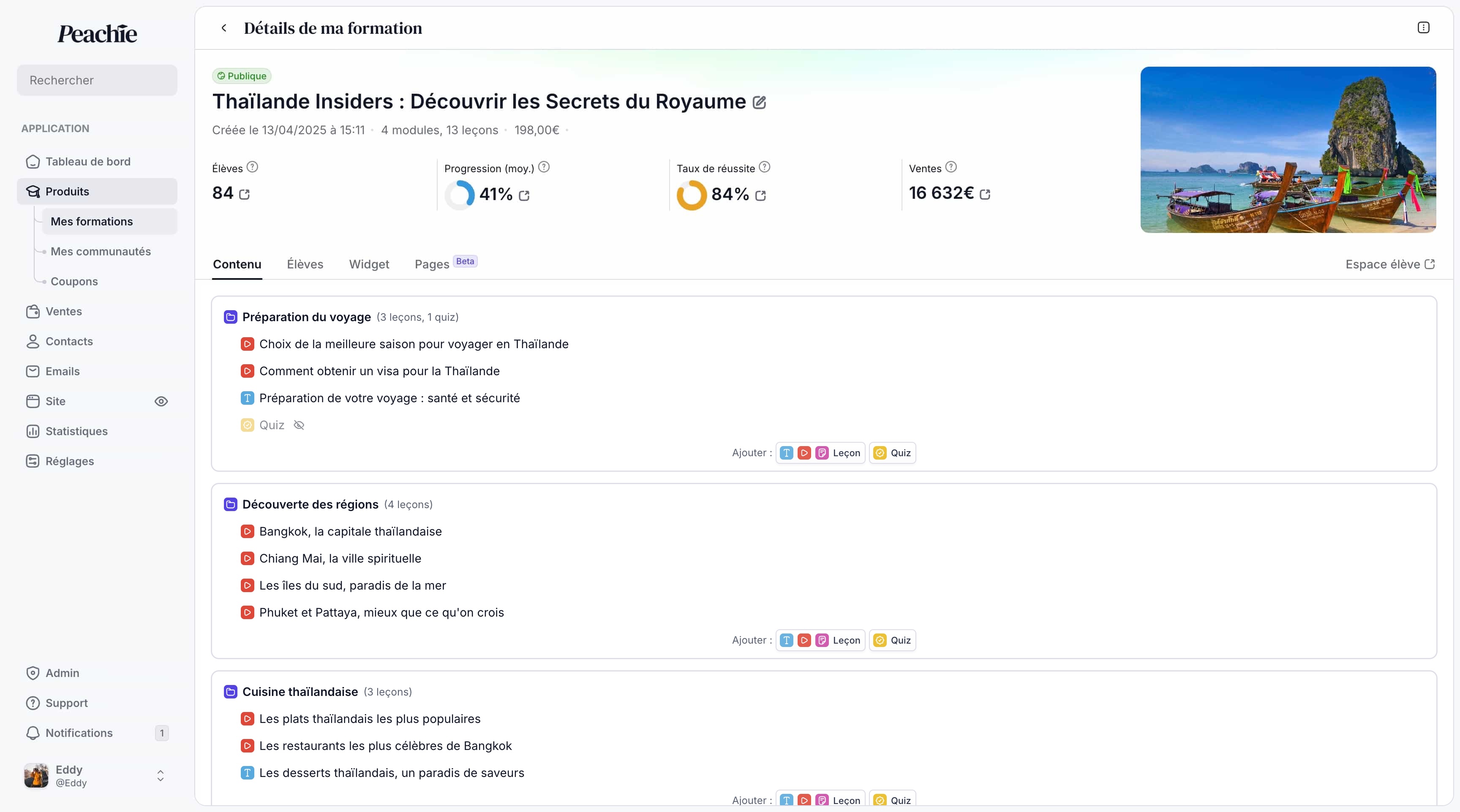Formation sur la Thaïlande avec des leçons et des modules sur Peachie io