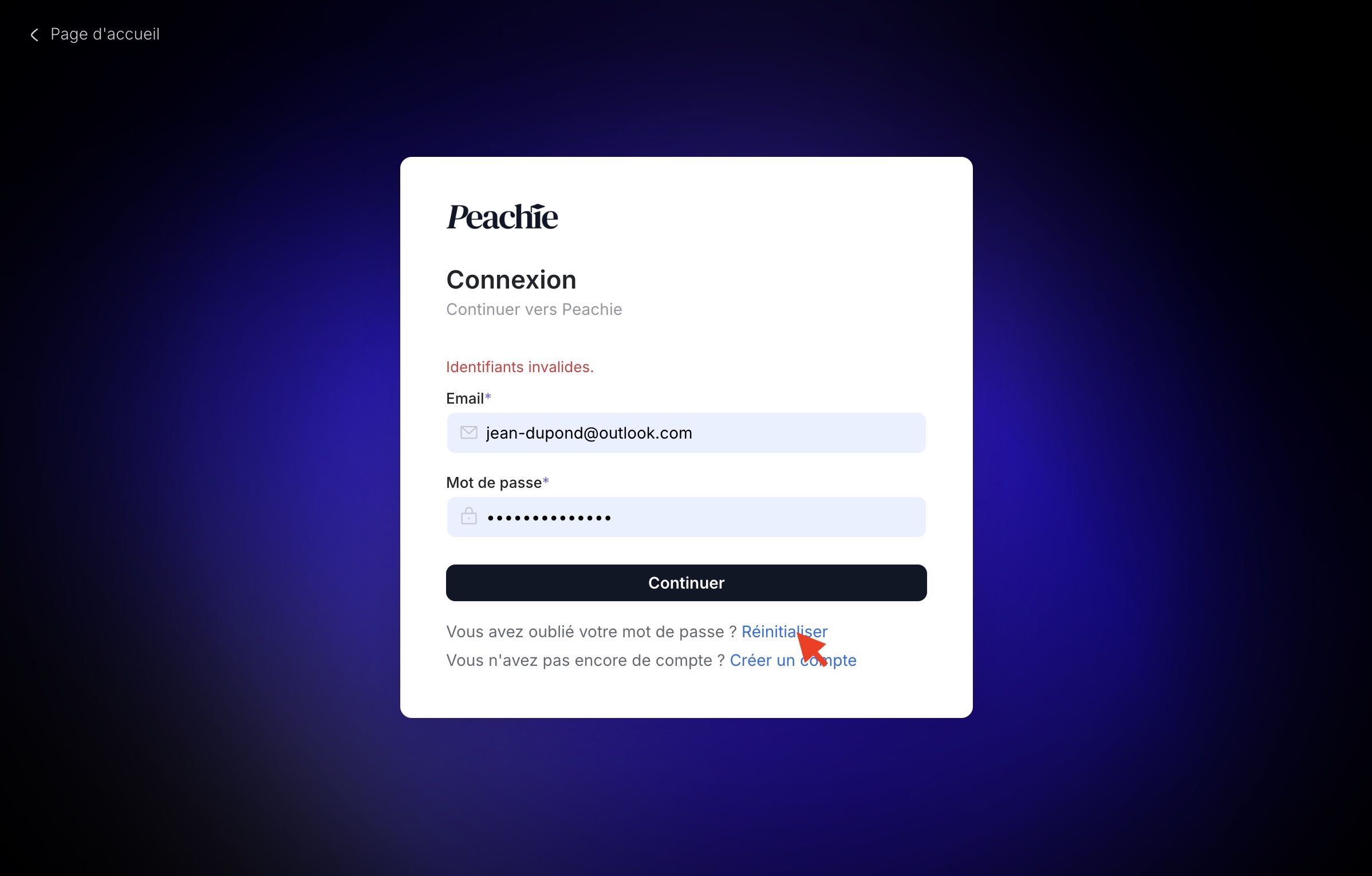 Réinitialiser son mot de passe Peachie